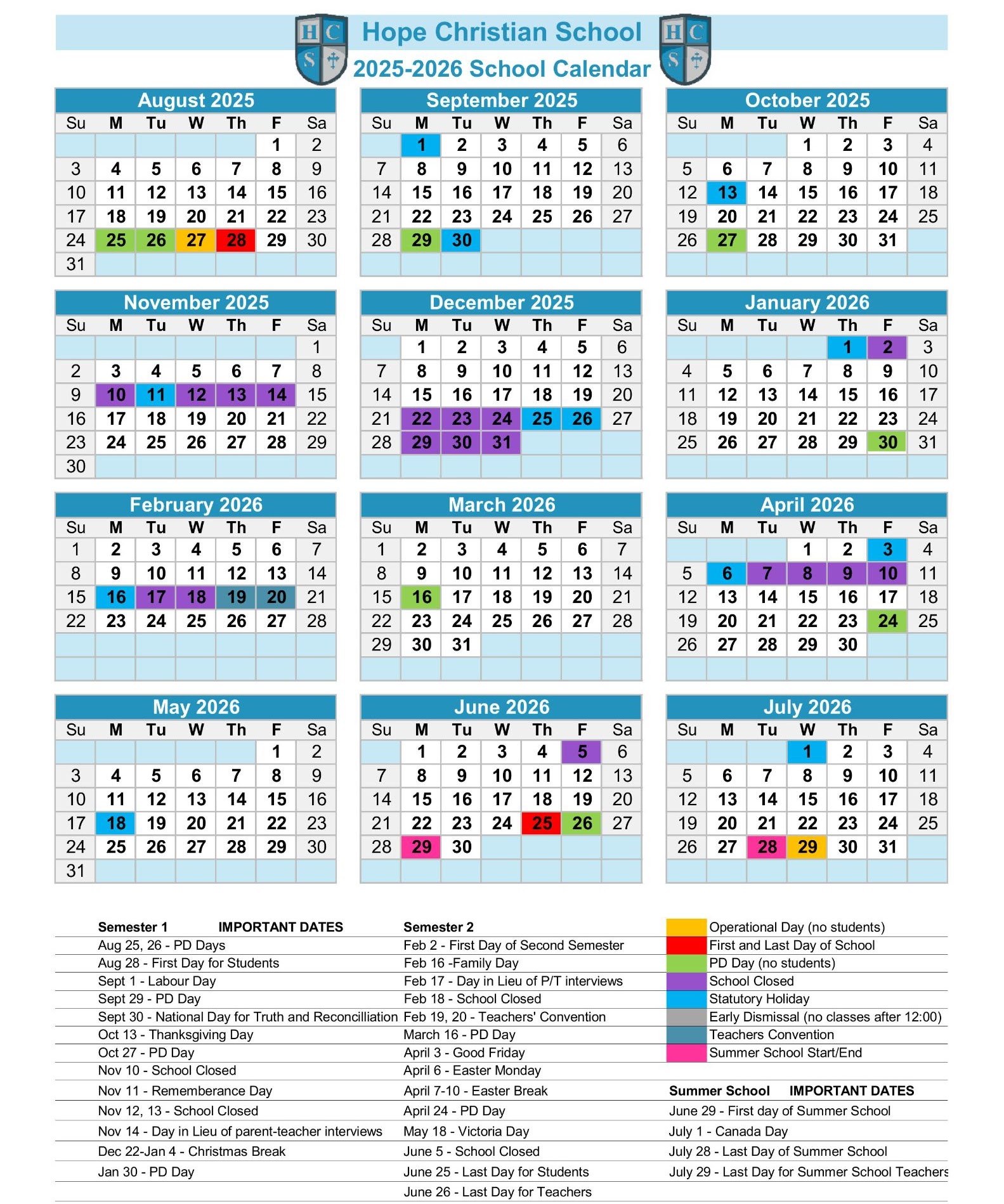 Hope Christian School calendar showing the full school year month by month, with important dates and a colour legend